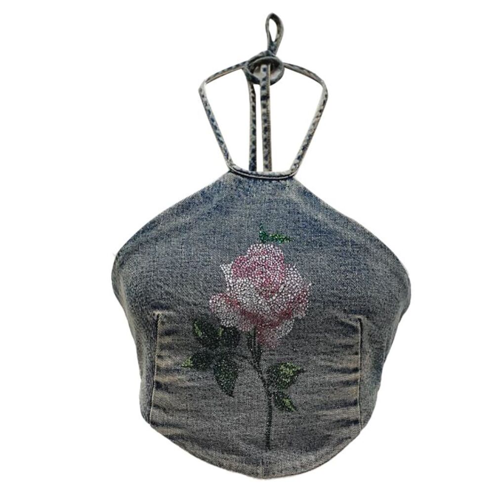 Alessanra Rich Crystal-Embellished Halter Crop Top in Denim Blue Cotton